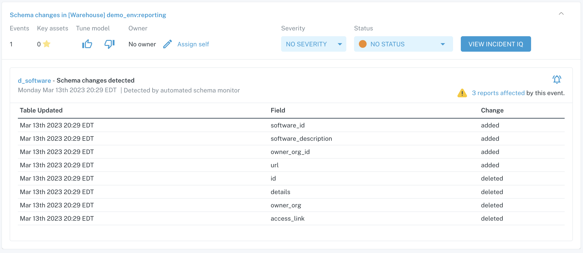 Automated schema change incident card on Incidents feed