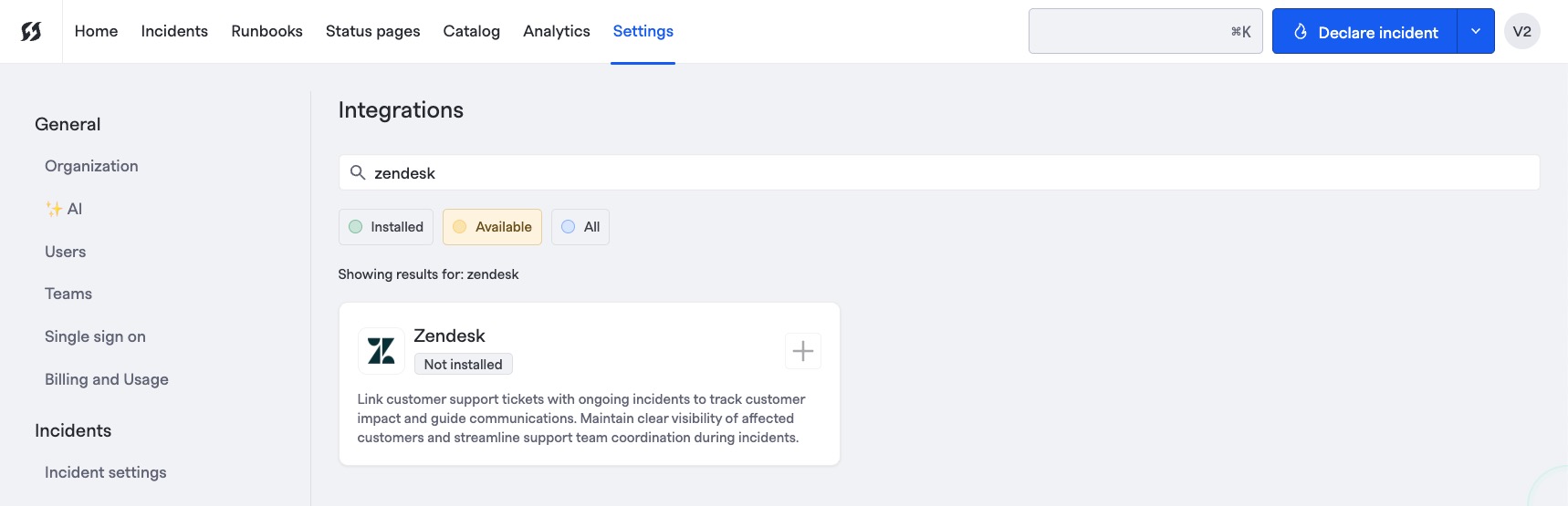 Zendesk integration lookup under **Available**