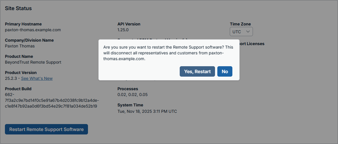 Are you sure you want to restart the Remote Support software? This will disconnect all representatives and customers from paxton-thomas.example.com.