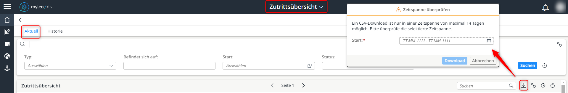 CSV Download inkl. Auswahl der Zeitspanne (Beispiel Tab **Aktuell**)