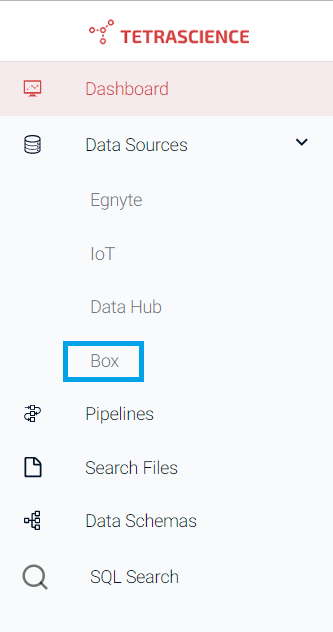 Please select "Box" from under the "Data Sources" menu category. You will be presented with the Box Source Management page.