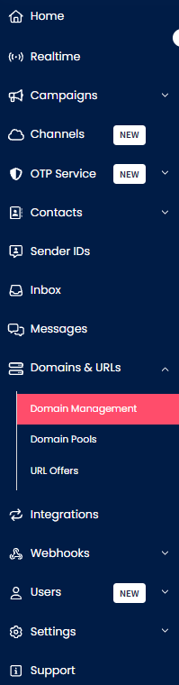 Screenshot of the Domains & URLs menu tabs