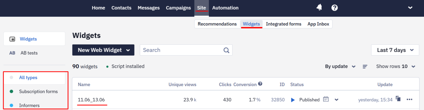 Widget list in the Site Widgets section