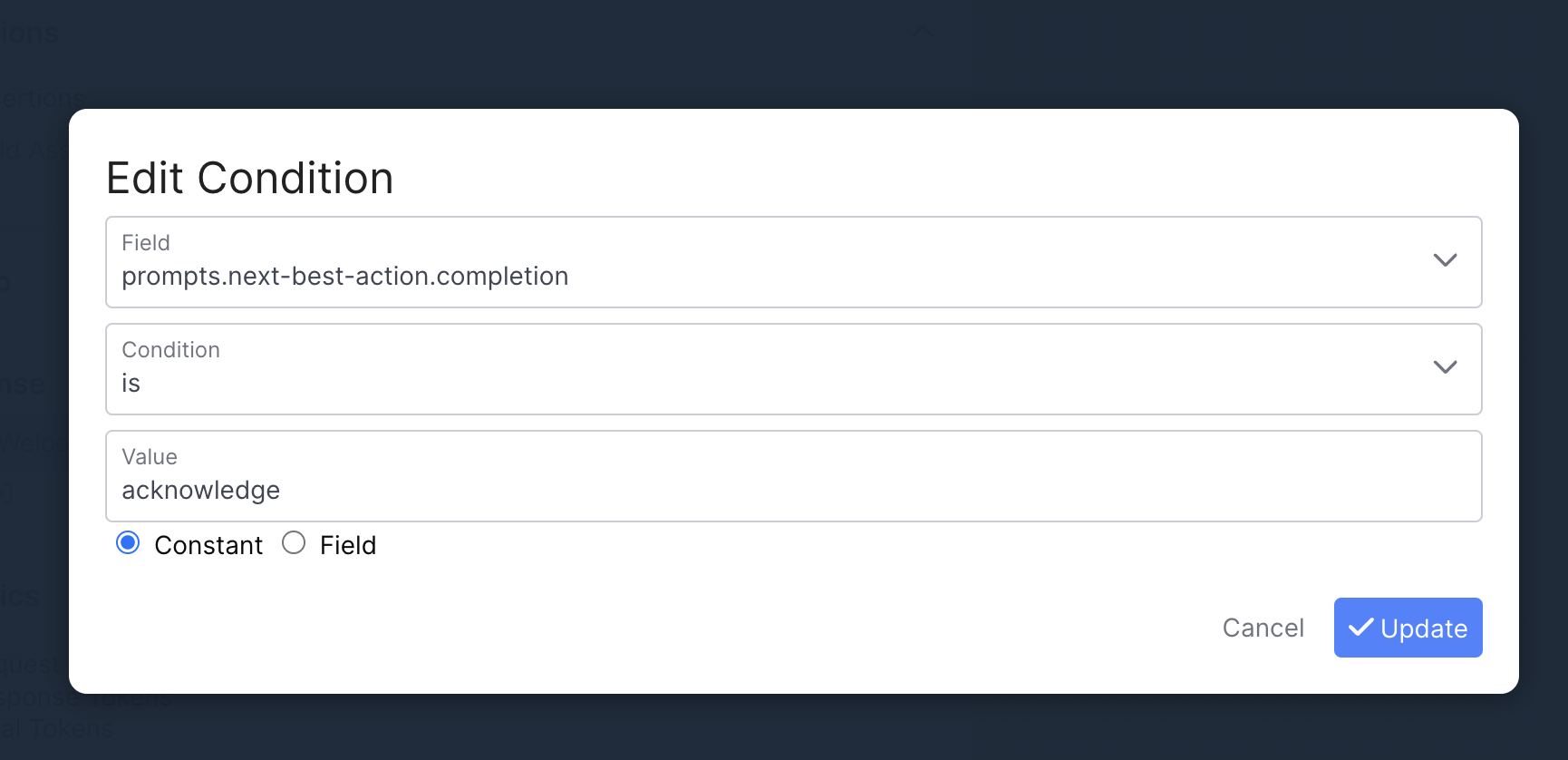 Create a rule where prompts.next-best-action.completion is "acknowledge"