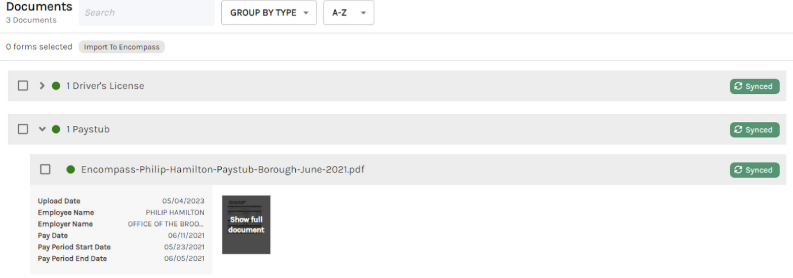 The **Group by Type** view of the Ocrolus Dashboard. The paystub preview shows unique details about the paystub to assist the lender with a fast review of the document. On the right-hand side, the **Synced** status lets the lender know this document has been synced with Encompass.