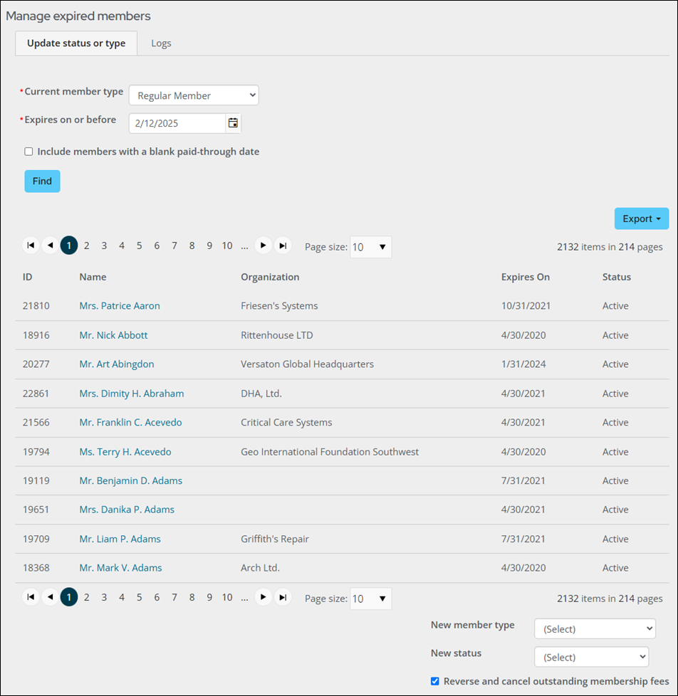 Viewing the managed expired members list and exporting that list