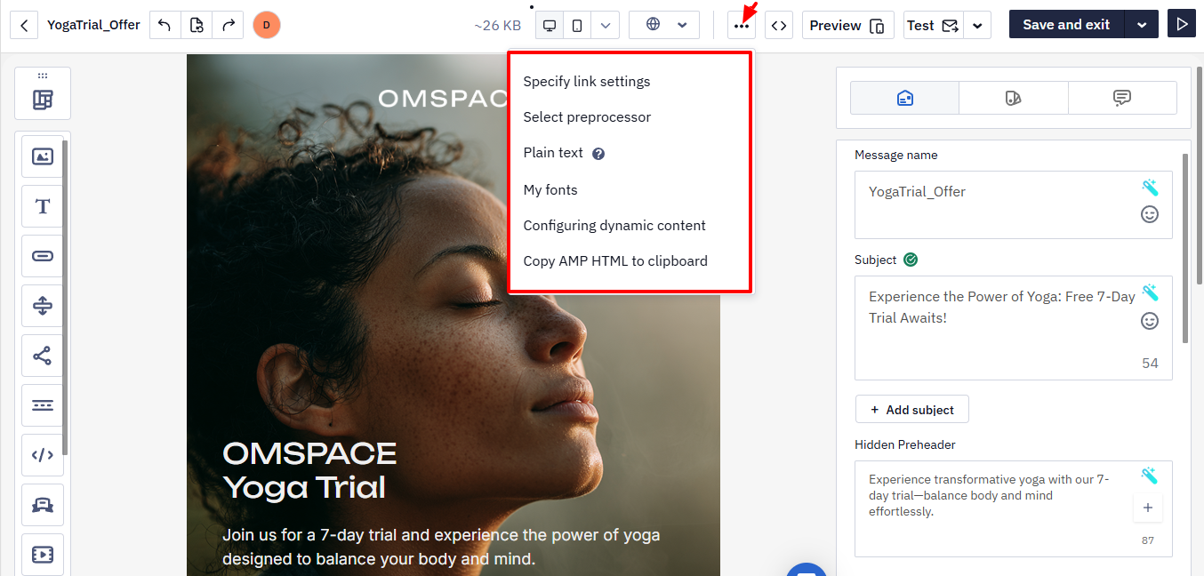Three-dot menu open showing the Specify link settings, Select preprocessor, Plain text, My fonts, Configuring dynamic content, and Copy AMP HTML to clipboard options