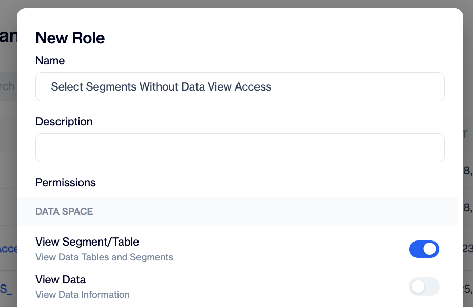 Data Space permissions in the New Role window, with the View Segment/Table switch turned on and the View Data switch turned off.