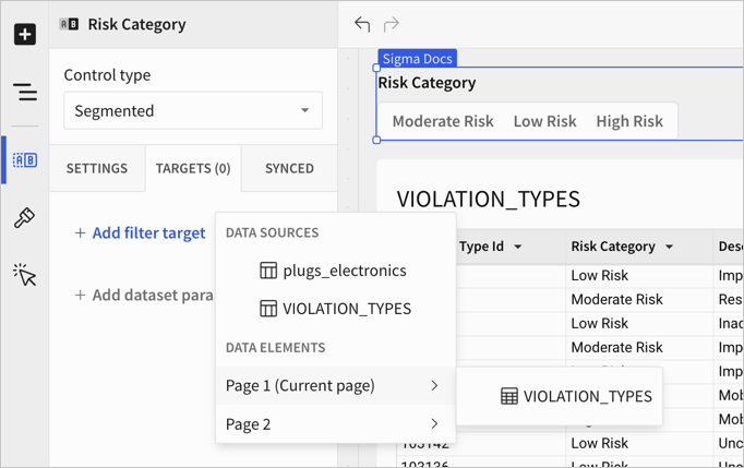 Navigate the dropdown menu to select one or more data sources or data elements to target with the control.