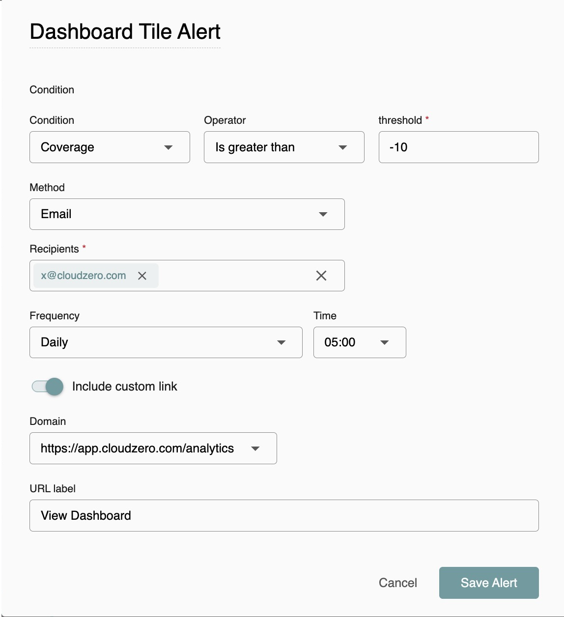 Dashboard Tile Alert dialog showing condition, method, frequency, and custom link settings