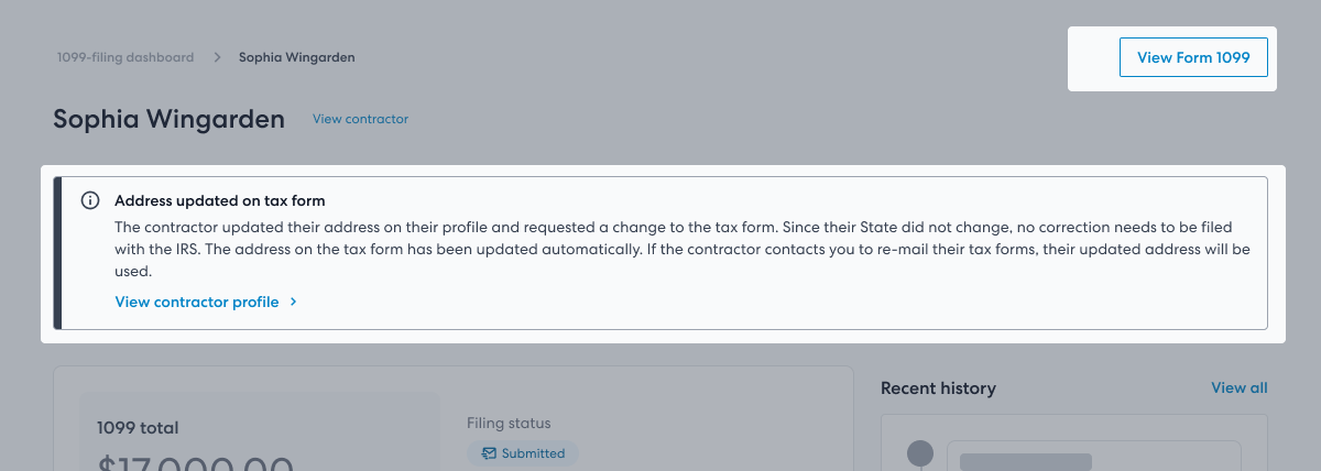 Image showing example of the payer view of a recipient requested address change not needing a correction