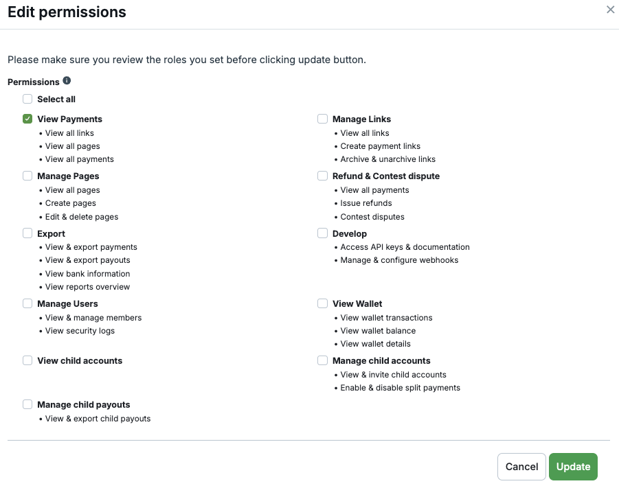 Edit permissions modal showing role checkboxes and Update button
