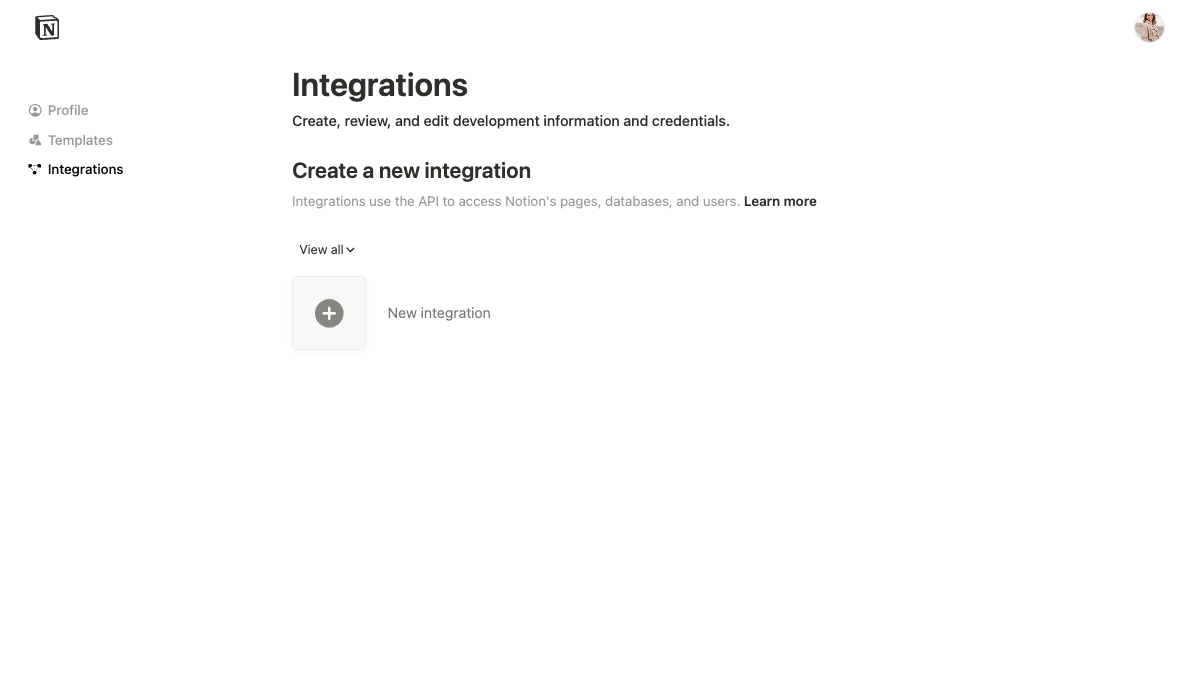 Click the **New integration** button on the My integrations page to create a new integration.