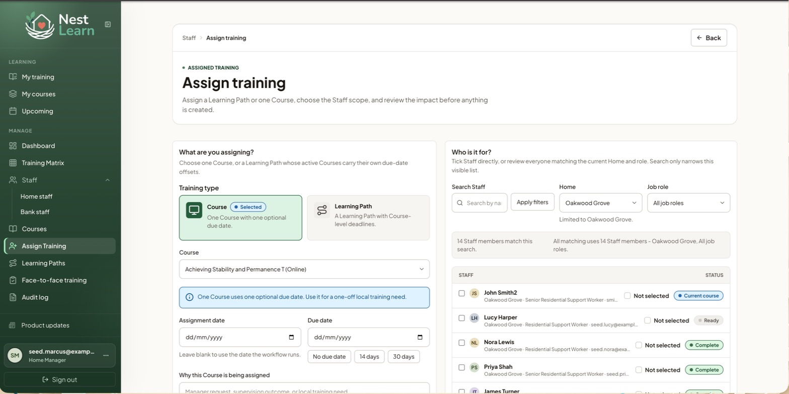 The Assign training screen, with what you're assigning on the left and who it's for on the right
