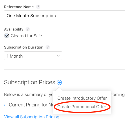 Subscription Offers are created as new pricing options in App Store Connect