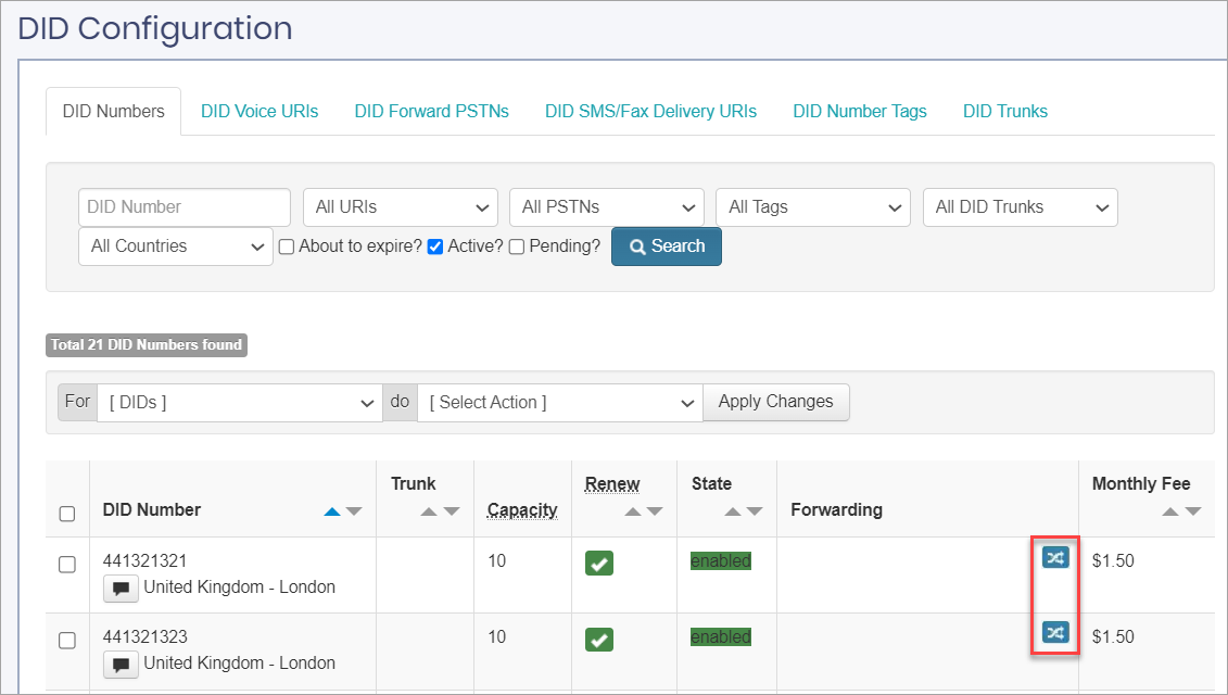 Screenshot of the SMS Delivery icons in the **Forwarding** column