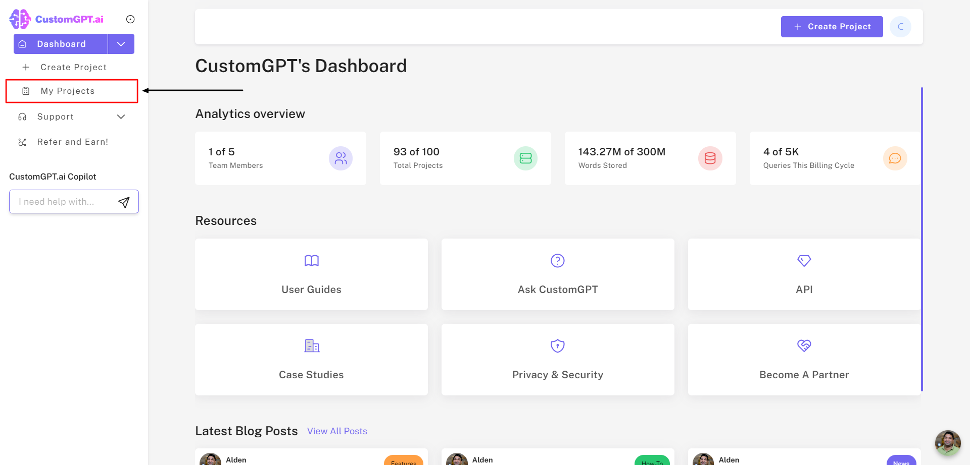 CustomGPT dashboard