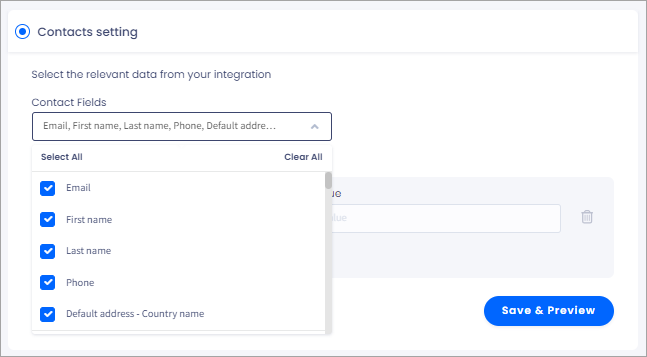 Screenshot of the screen with selecting contact fields in **Contacts setting**