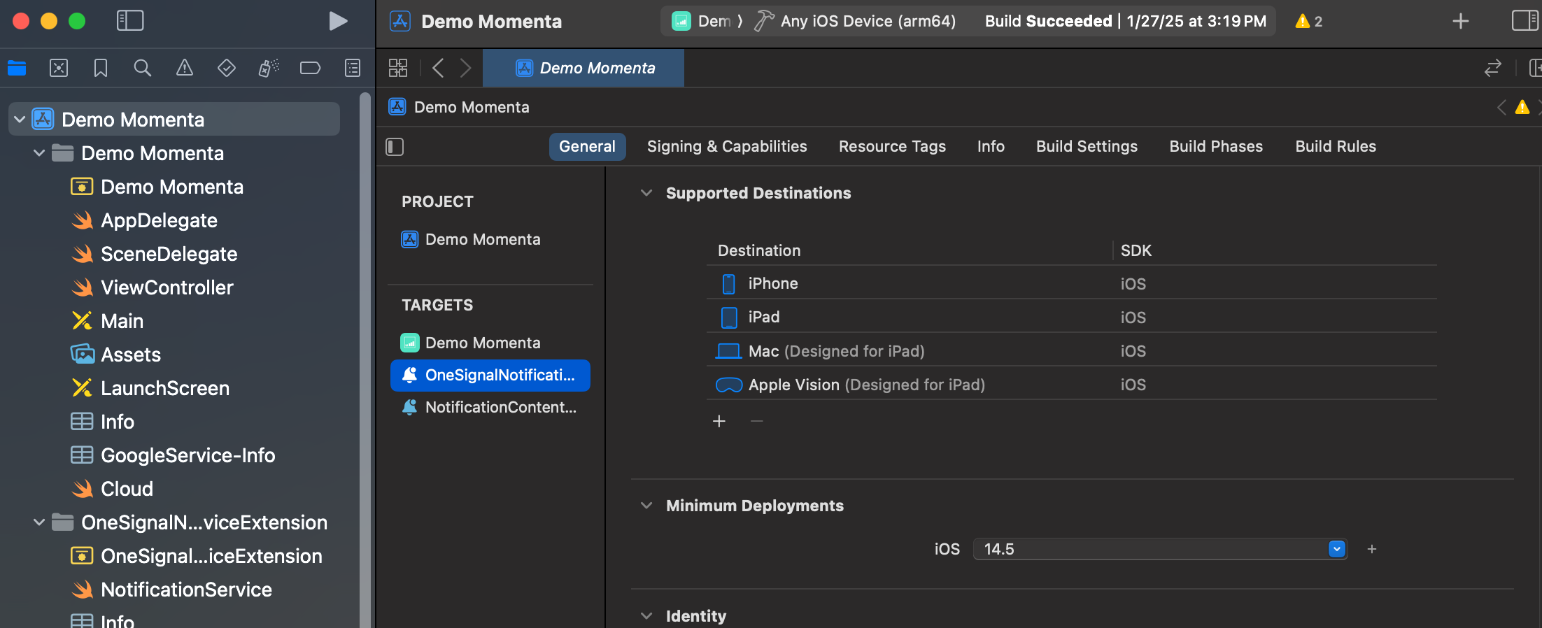 Example shows the OneSignalNotificationServiceExtension target with the same Minimum Deployments as iOS 14.