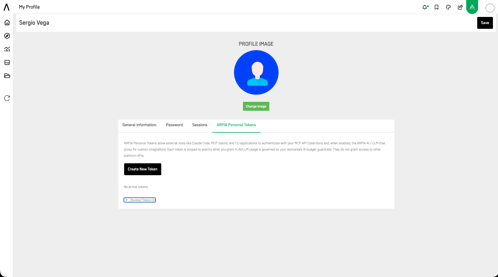 My Profile — ARPIA Personal Tokens tab