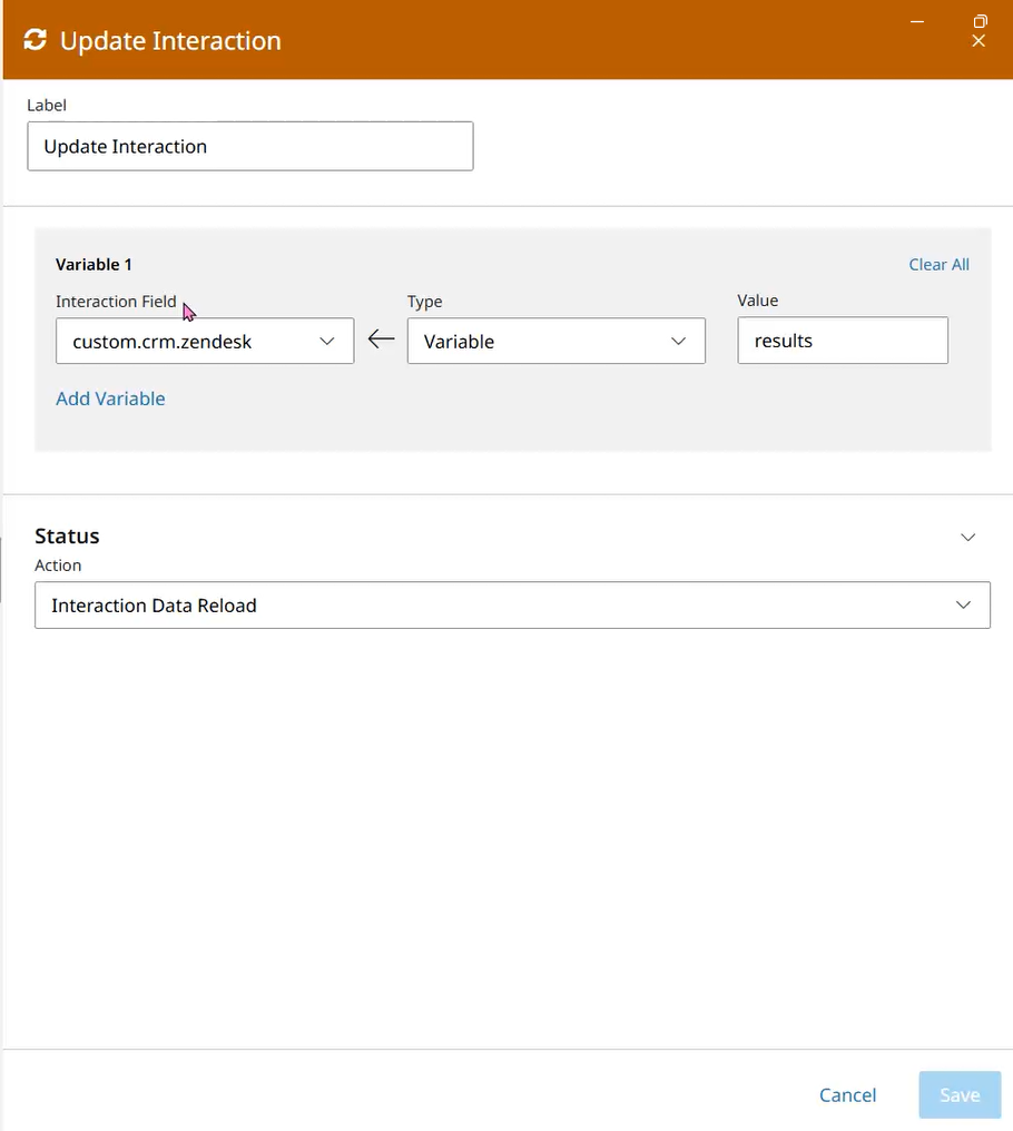 Update Interaction attaching workflow results to custom.crm field