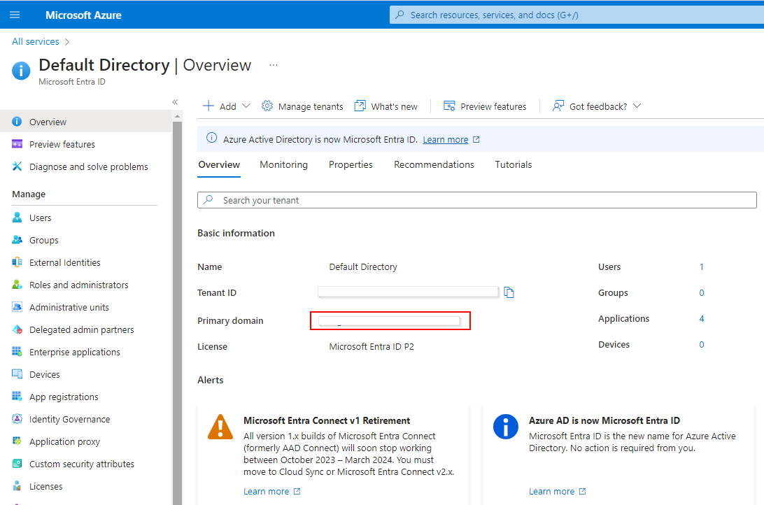 Obtaining **Primary Domain** from the **Microsoft Entra ID** in the **Azure Portal**