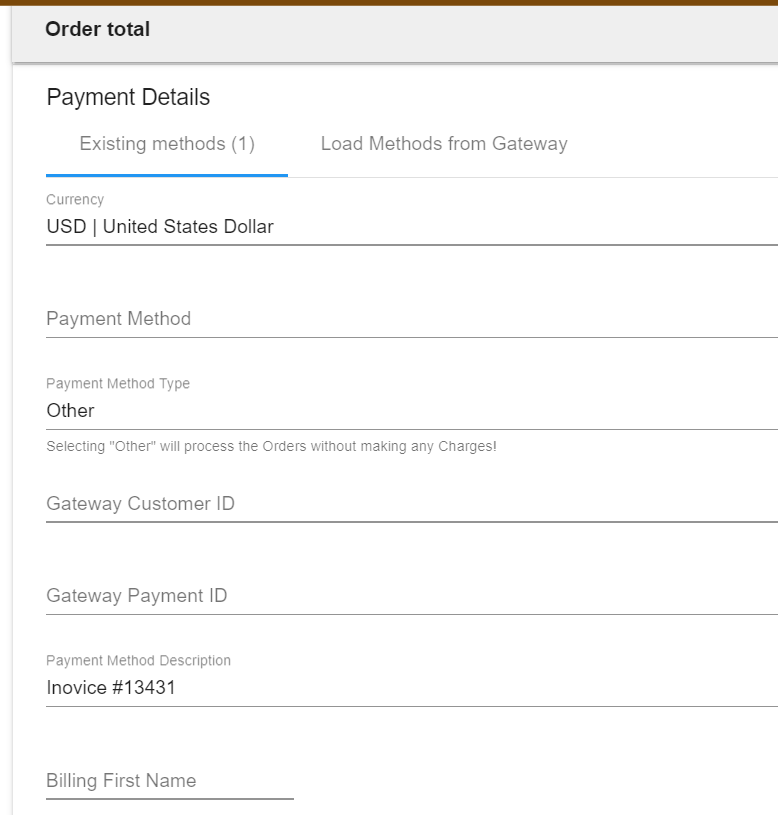 Example of creating an "Other" payment method on a Scheduled Order