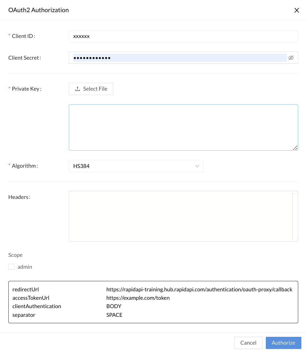 The dialog when the API consumer clicks Get Token if JWT is enabled for the API.