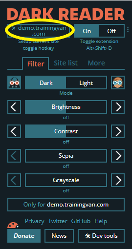 Toggle dark mode on/off using the Dark Reader browser extension.