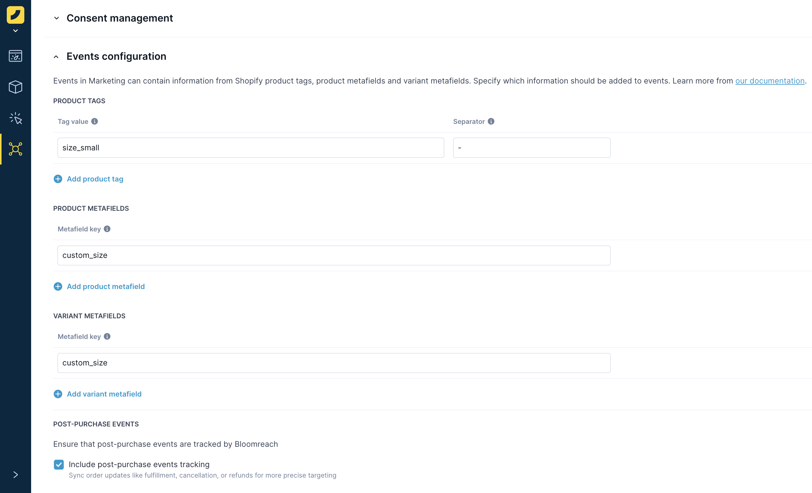 Use custom tracking via product tags and product variant metafields.
