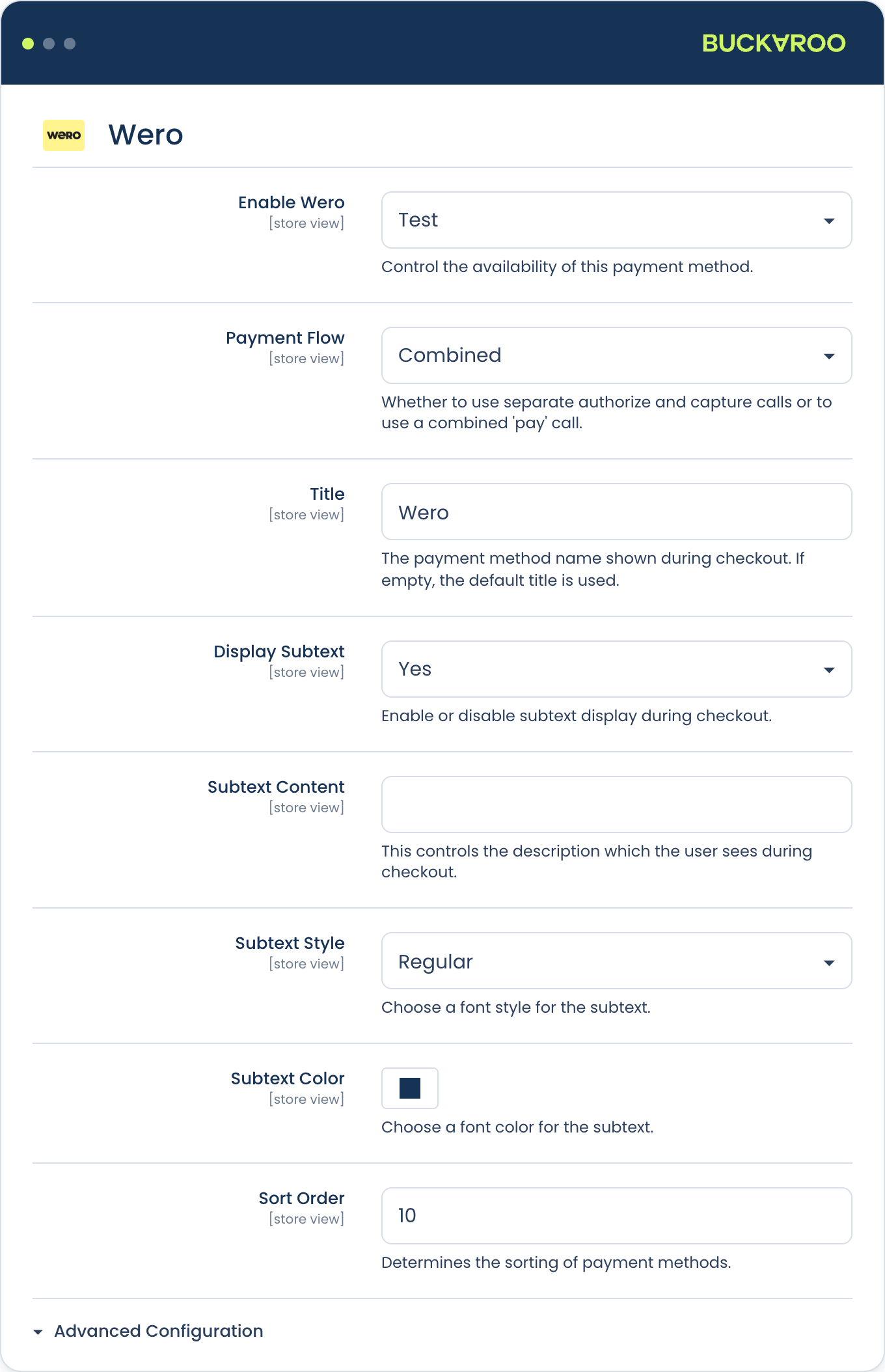 Payment methods settings example