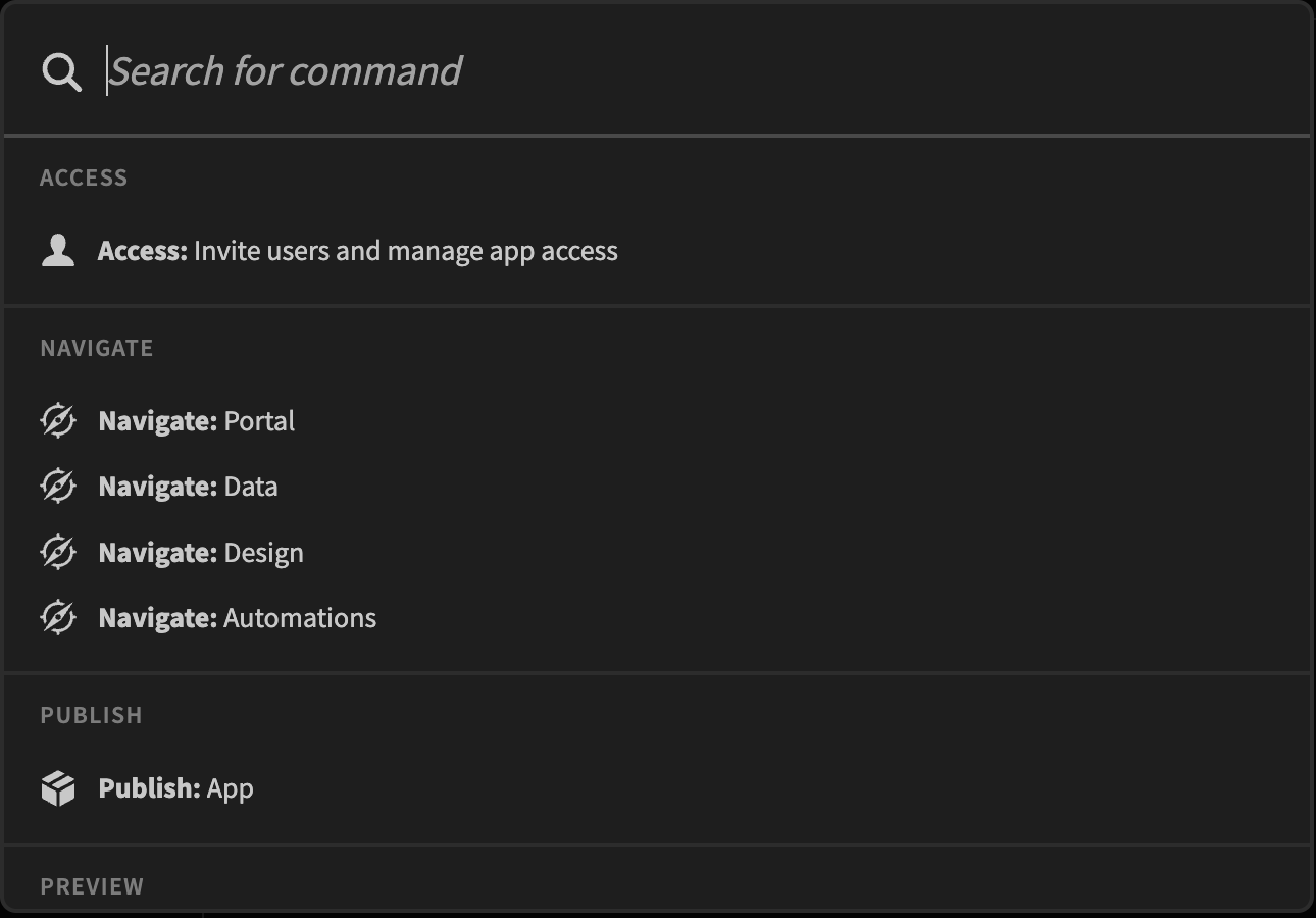 An image showing the Budibase command interface. Some of its functions are included.