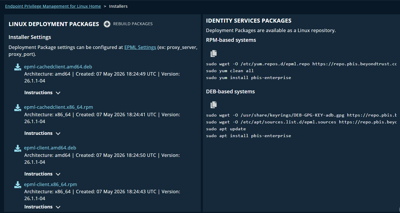 EPM for Linux Installers page showing Linux deployment package downloads and Identity Services repository install commands for RPM and DEB systems.