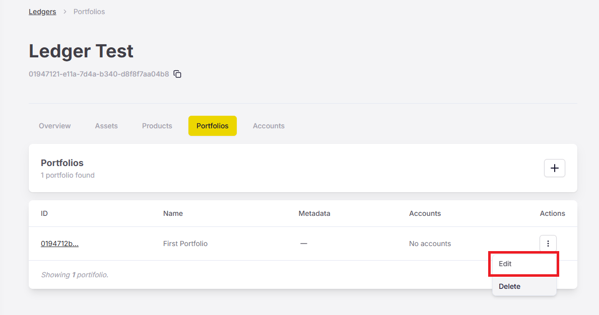 Figure 1. The option to edit a portfolio on the Actions menu.
