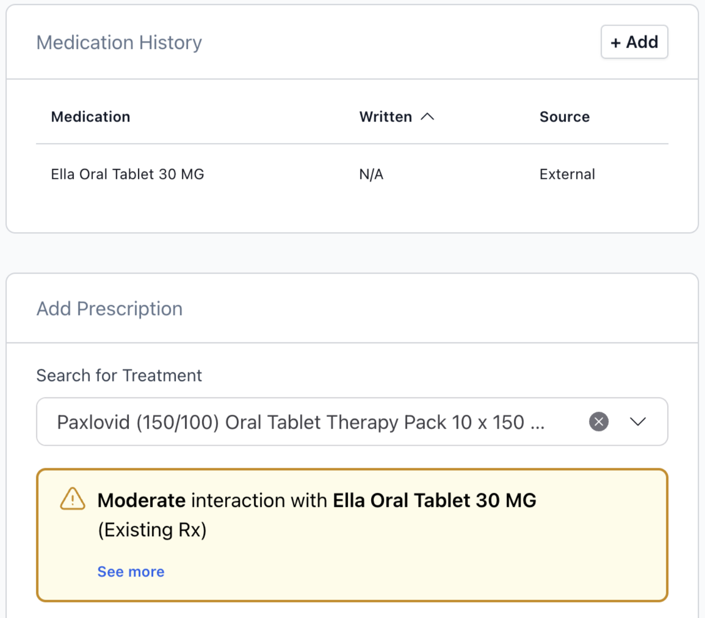 Drug-drug interaction alert example with external medication history synced