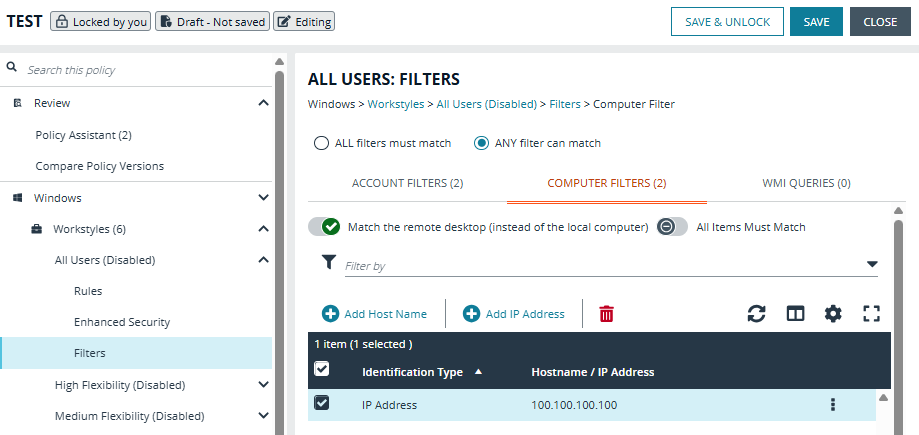 Adding a computer filter to a policy in EPM Policy Editor