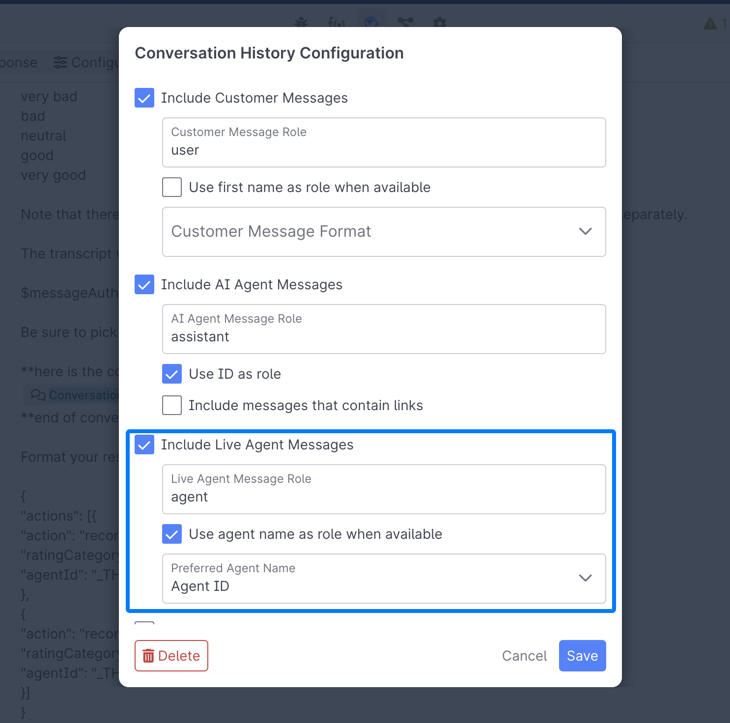 Check the "Include Live Agent Messages" Checkbox, and ensure that you use the Agent ID as the preferred agent name.