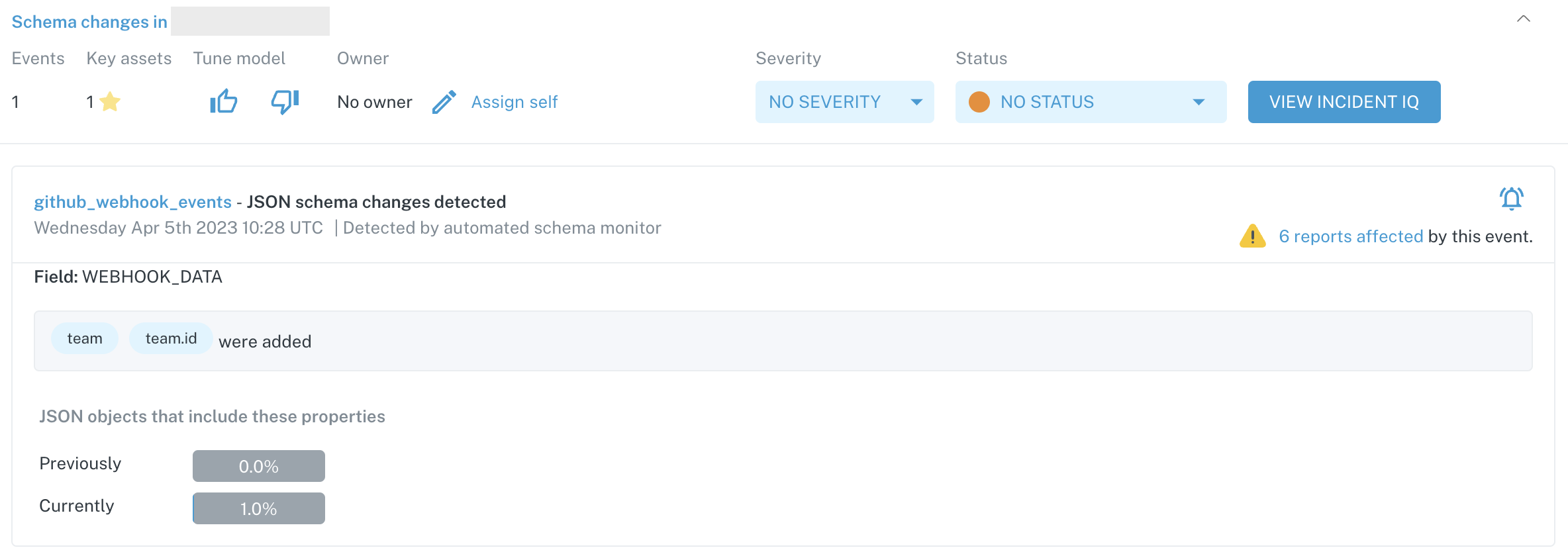 Incident summary for a JSON schema anomaly