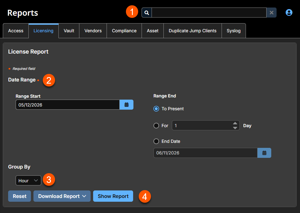 An image of the Licensing Report interface in a Privileged Remote Access system. The interface includes options to filter reports by date range.  You can also group by hour, day, or month.