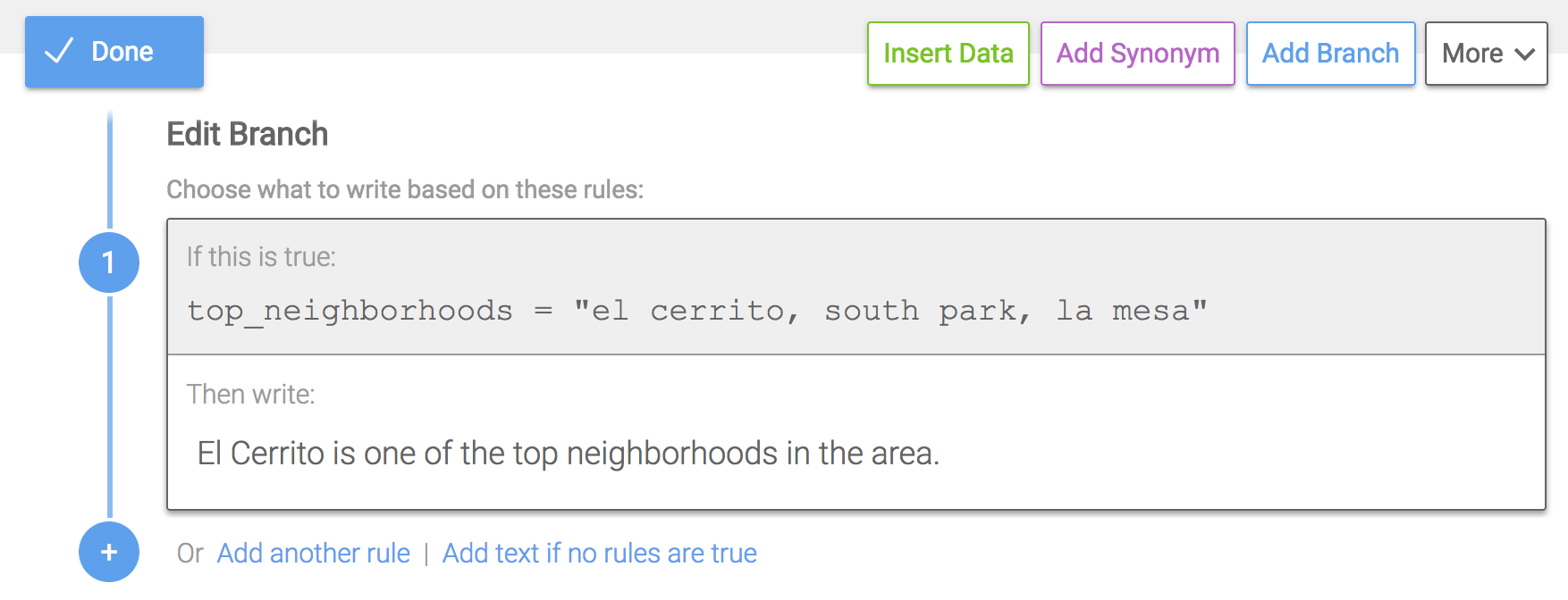 This rule will be True for data that has these exact 3 objects: "el cerrito, south park, la mesa".