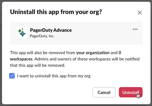 Confirm uninstallation of PagerDuty Advance Slack app