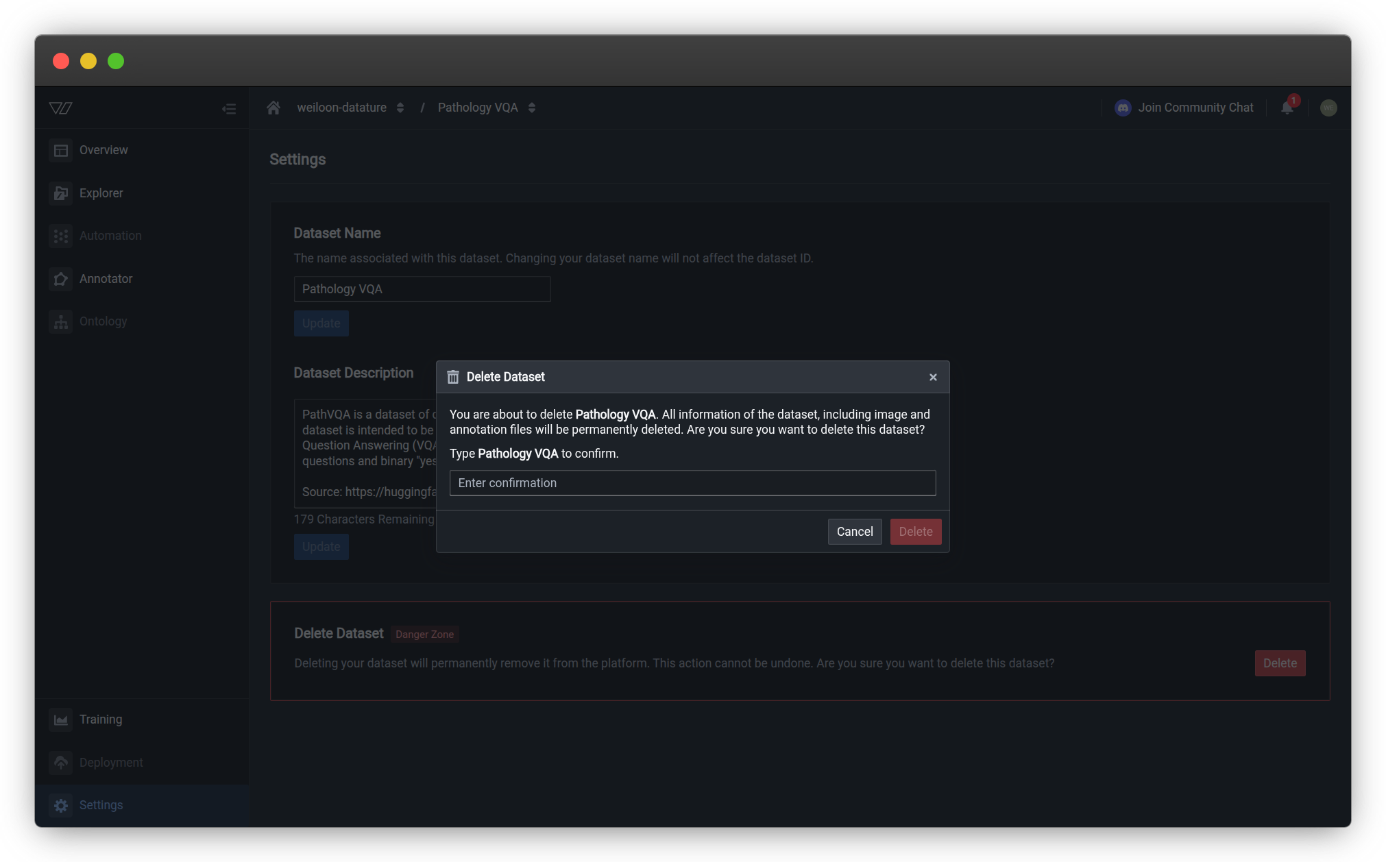 Delete Dataset confirmation dialog requiring dataset name entry