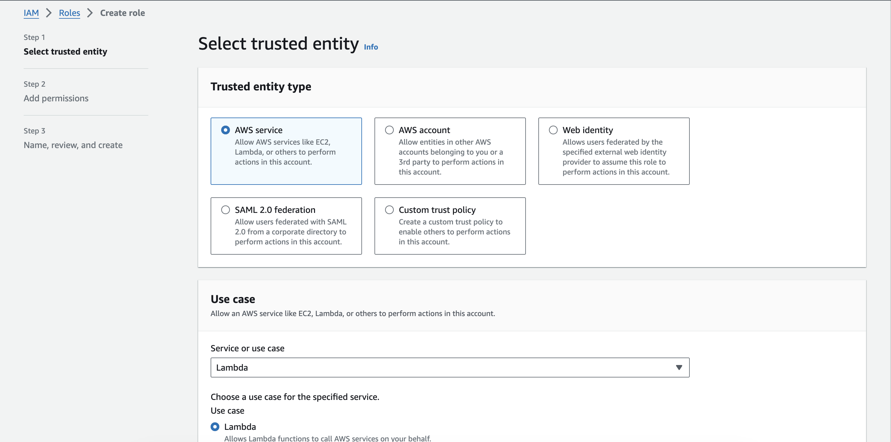 Form to select the trusted entity type and the use case