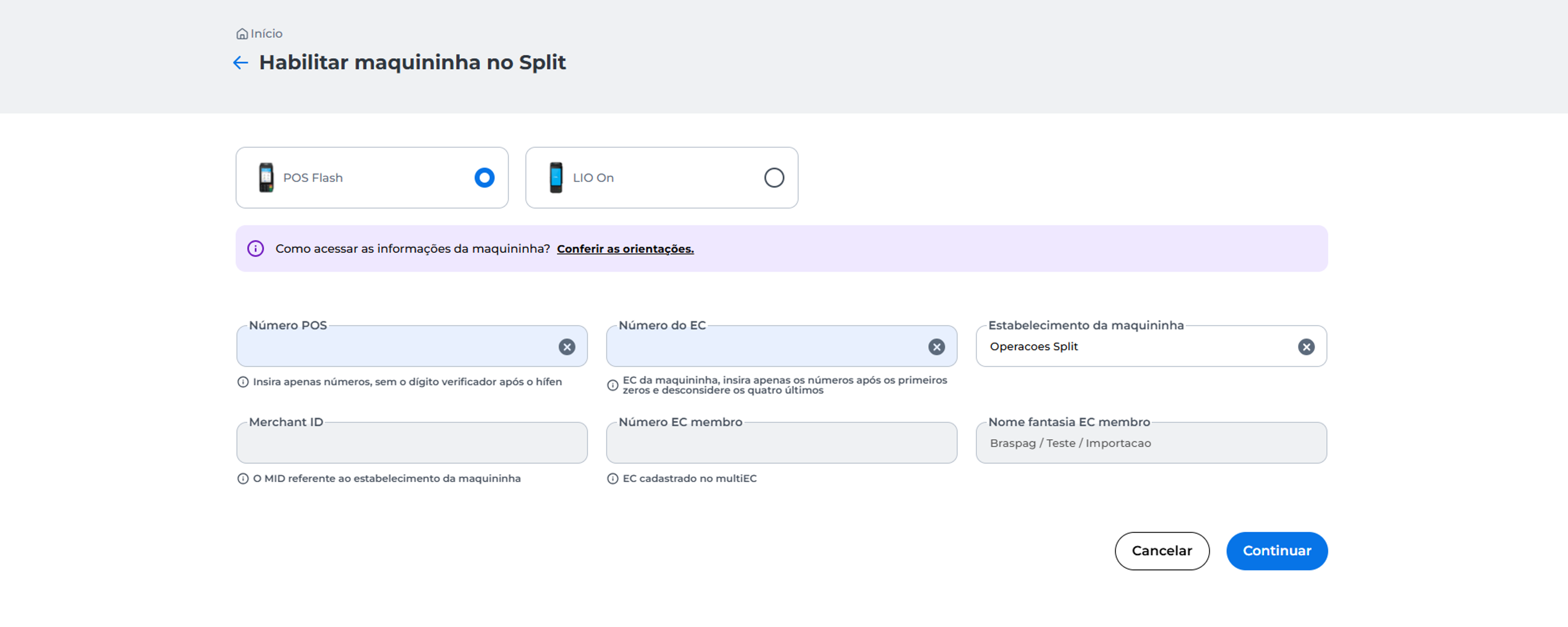 Tela de Habilitação de Maquininha com apresentação de formulário para preenchimento dos dados da maquininha e do estabelecimento o qual será vinculado