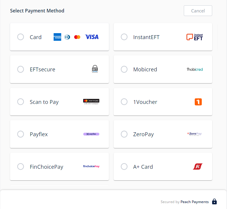 Checkout offers a variety of payment methods.