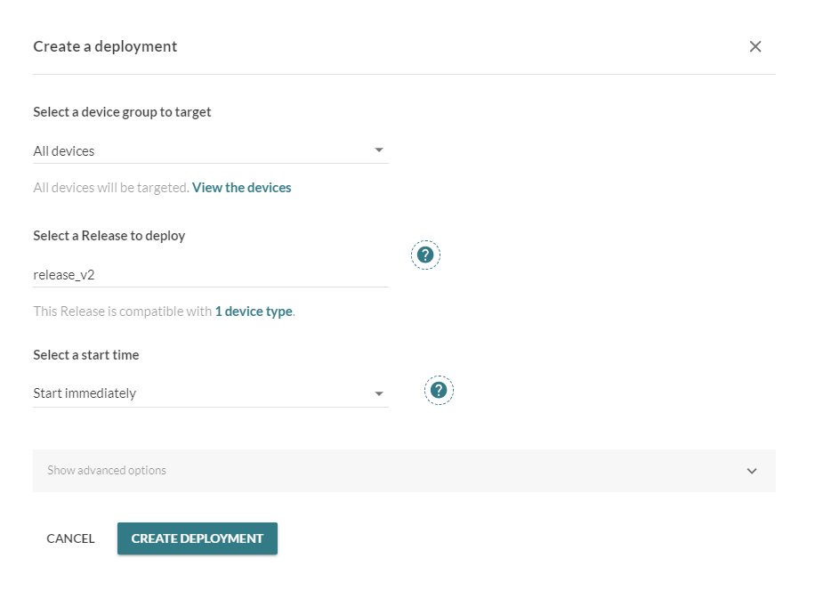 Create a deployment in the Mender dashboard.