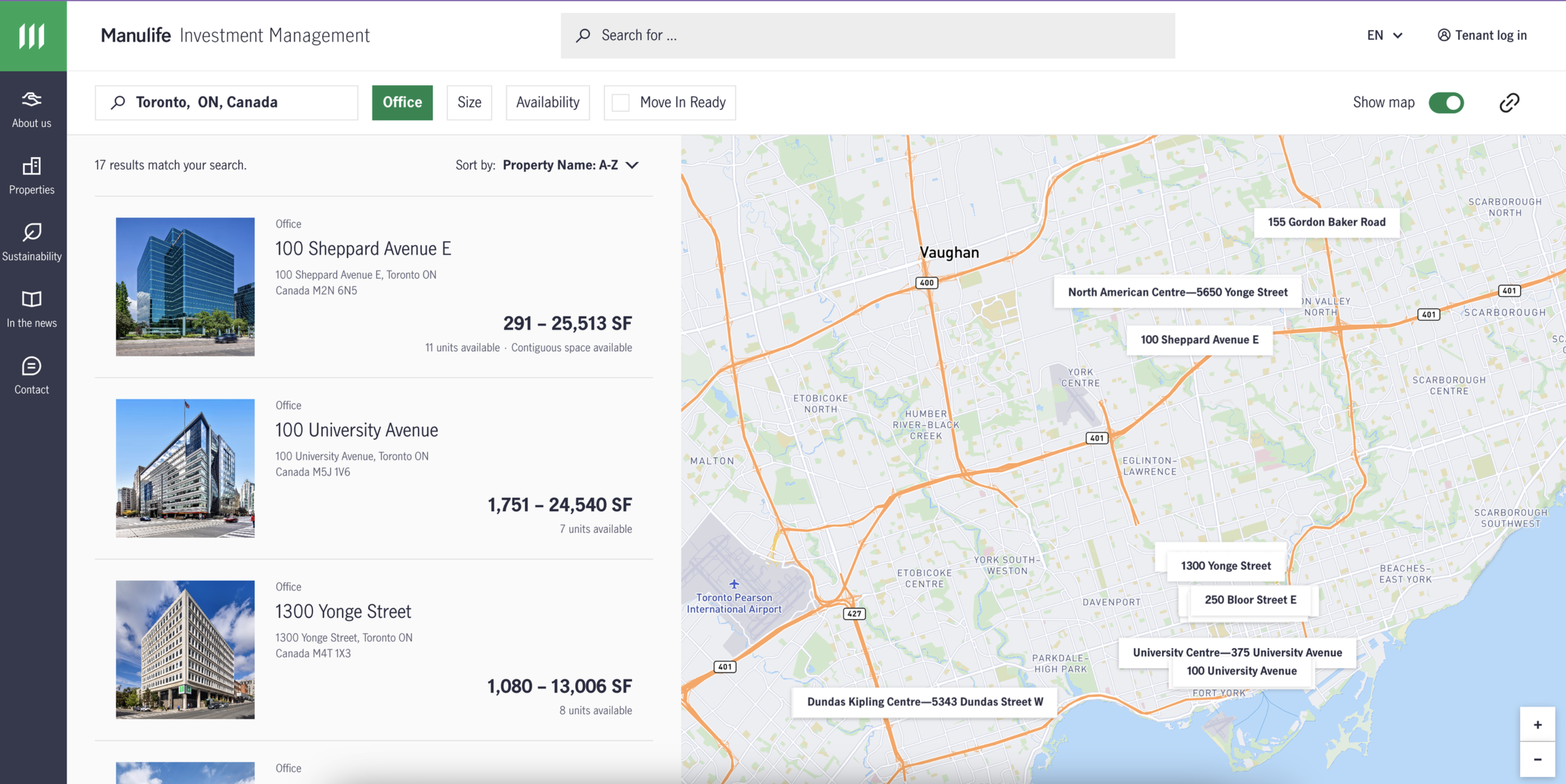 example of map-based property search page