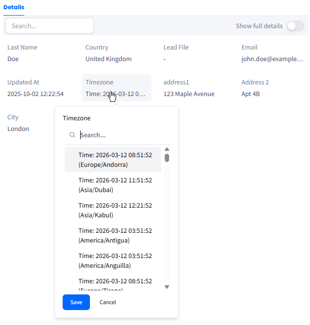 Screenshot of updating lead data