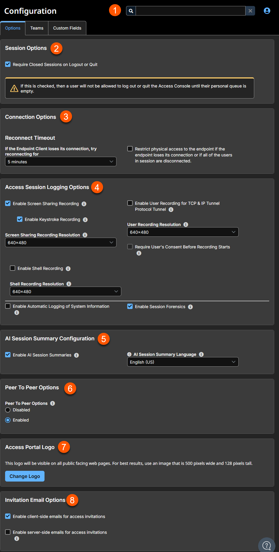 An image of the "Configuration" section in the BeyondTrust Privileged Remote Access interface, under the "Options" tab. It includes settings for session behavior, connection timeouts, access session logging (such as screen sharing and shell recording), peer-to-peer server usage, access portal logo customization, and invitation email preferences. Various checkboxes, dropdowns, and radio buttons are used to configure these options.