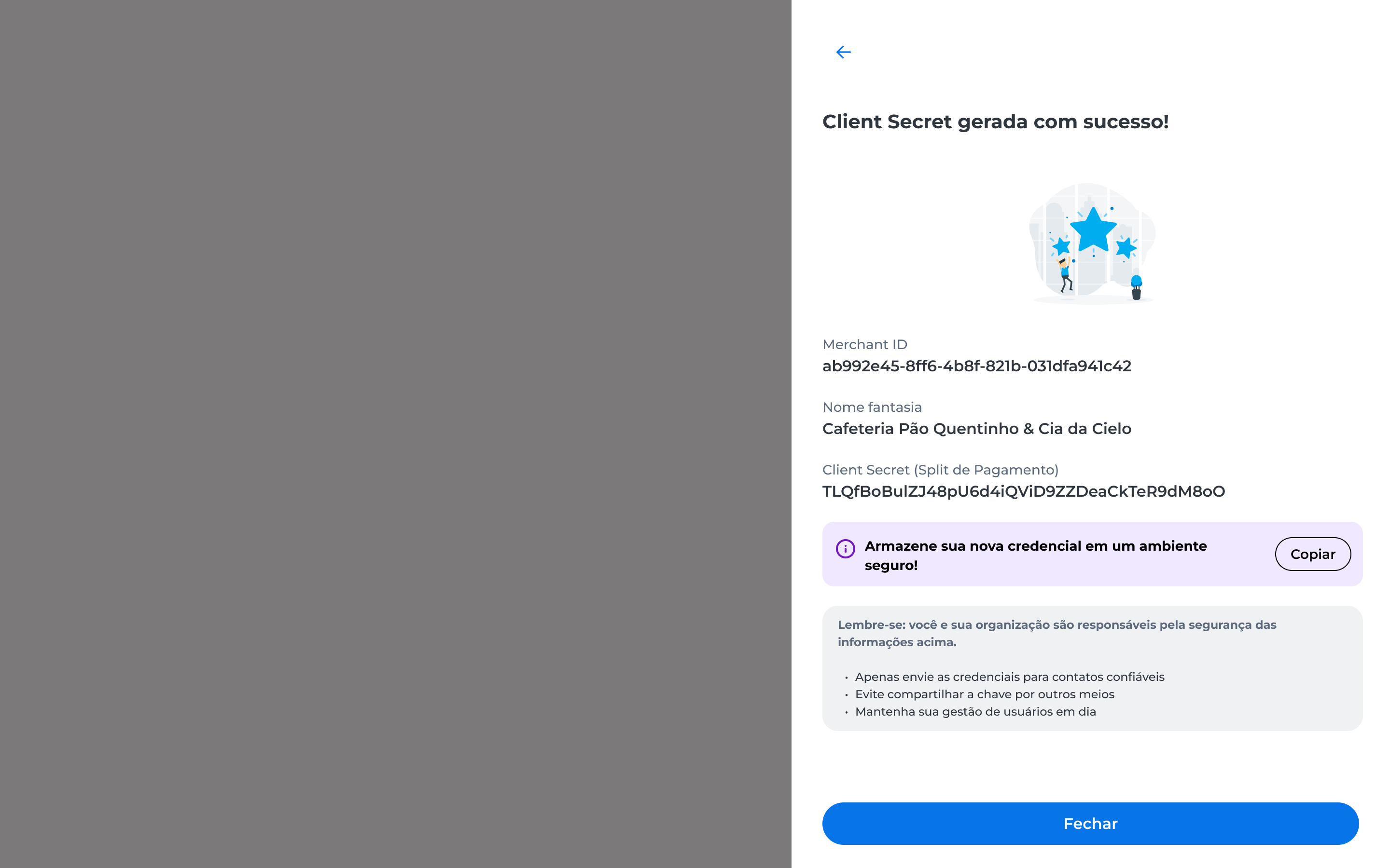 Janela de confirmação exibindo mensagem de sucesso após gerar a credencial de Split. A tela mostra os dados da nova credencial e um botão “Copiar”, que permite copiar as informações para armazenamento em local seguro.